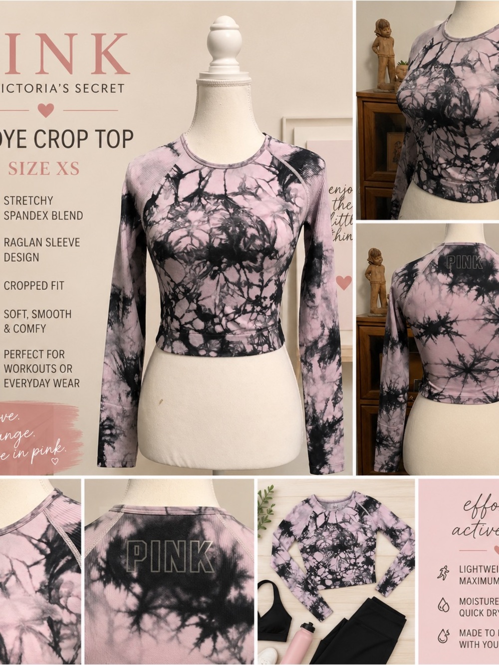 PINK Victoria’s Secret Tie Dye Long Sleeve Crop Top XS Spandex Activewear